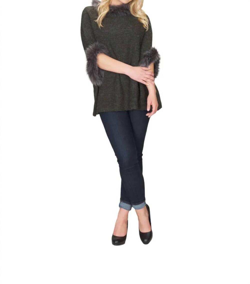 NEW PAPILLON fur neck and sleeve poncho in charcoal